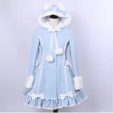 Women’s 2016 Winter Single Breasted Coat Lovely Cat Ear Lolita Hooded Light Blue Faux Fur Coat for Girl