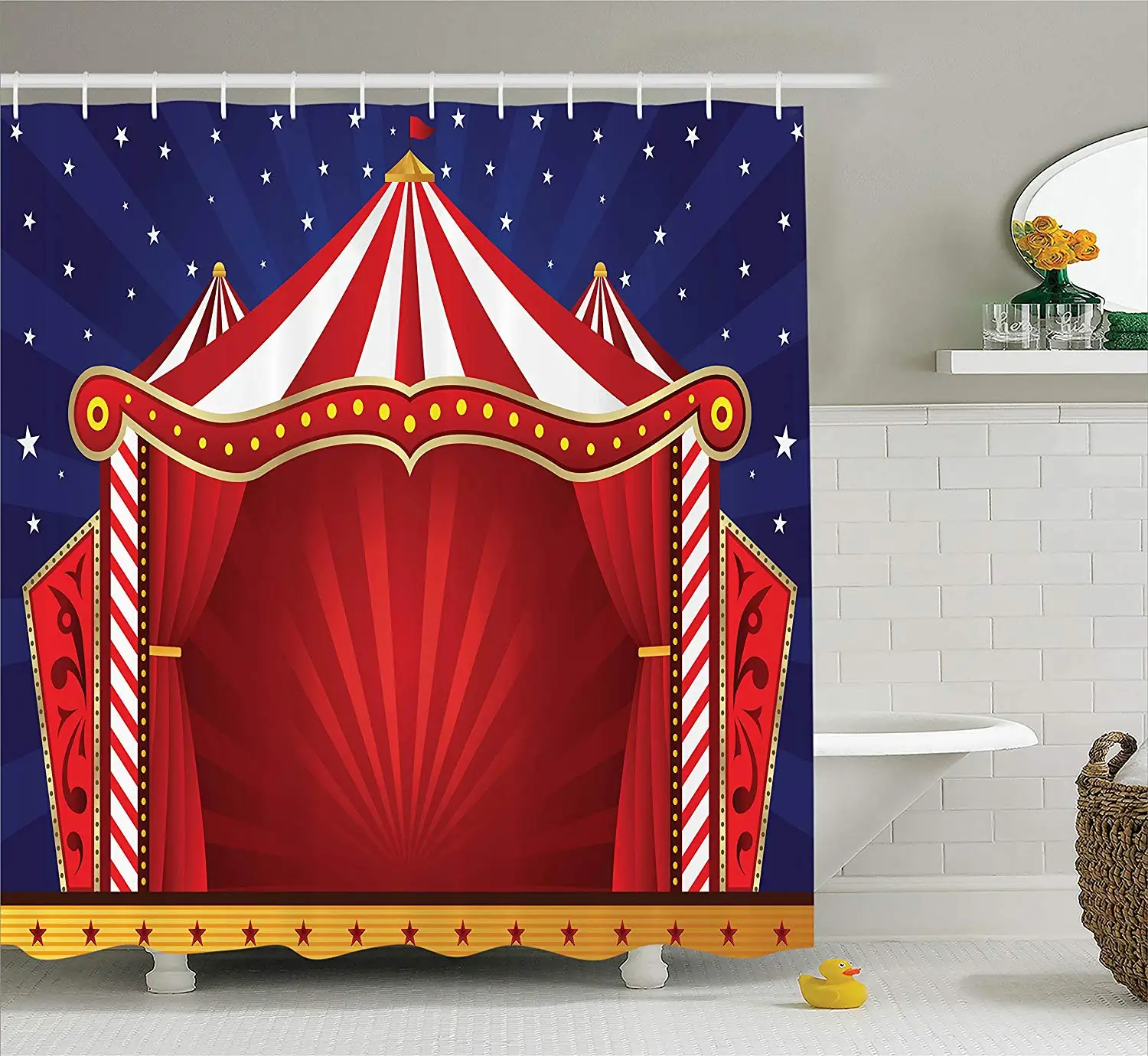 Shower Curtain CircusAmbesonne, Canvas Tent Circus Stage Performing Theater Jokes Clown Cheerful Night