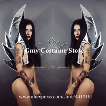 

P21 Party ballroom dance stage costumes dj singer perform dress silver mirror backplane disco wears armor outfits ds shoulder dj