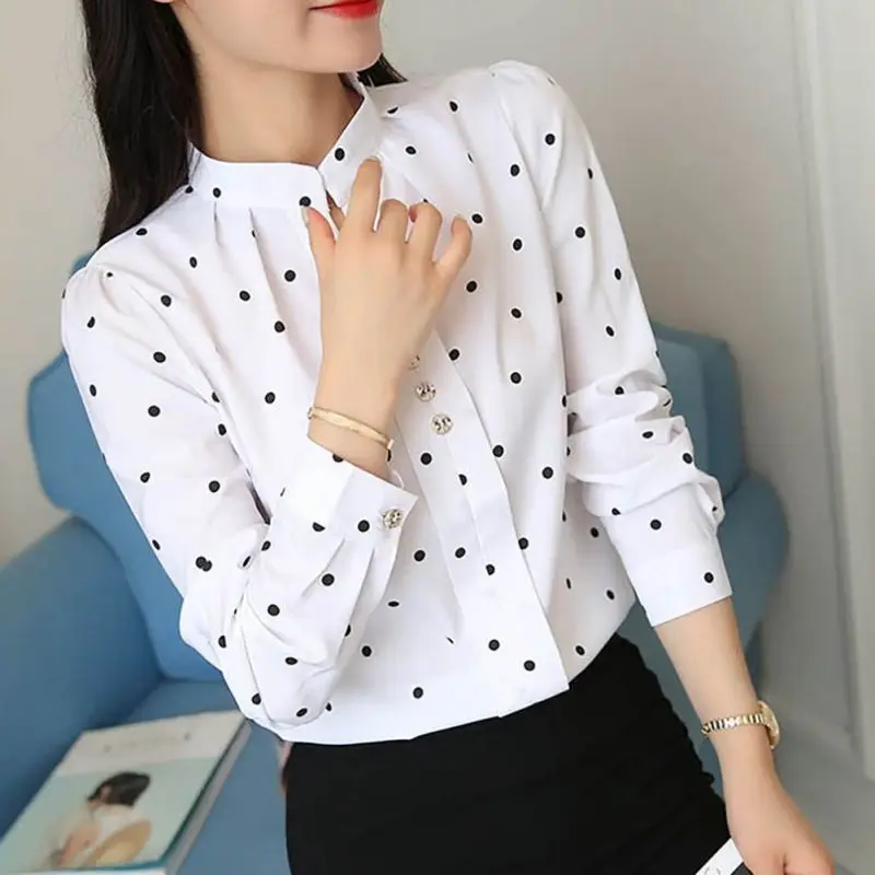 

Women White Shirt Ladies Blouses Polka Dot Blouse OL Shirt Fashion Classic Tops For Girls
