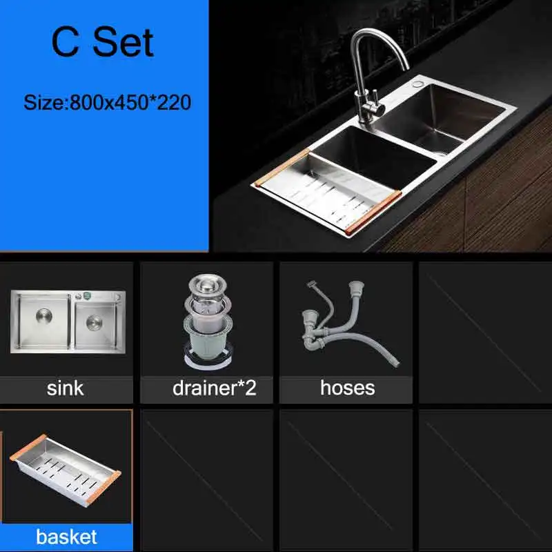 Кухонная раковина, 3 мм, матовая двойная чаша из нержавеющей стали, над столешницей или под креплением, ручная работа, мойка овощей - Цвет: C 80x45cm