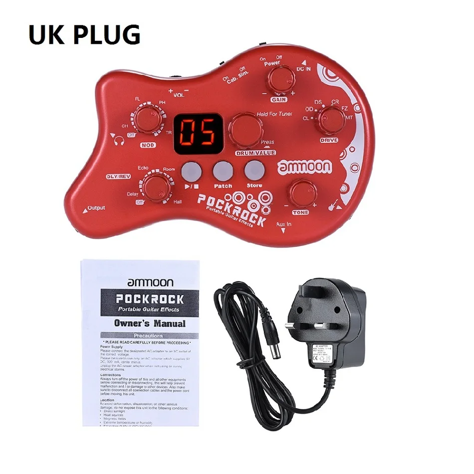 Горячая ammoon PockRock гитарная педаль мультиэффектов процессор педаль эффектов 15 типов эффектов с адаптером питания - Цвет: Red UK Plug
