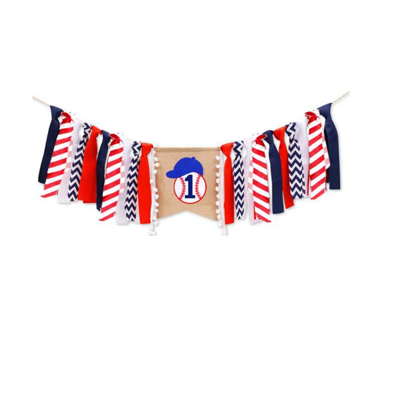 

1 Set Sport Baseball Theme Baby's One Birthday Party Banner Garland Dining Chair Pull Flag Linen Banner Anniversary Decor