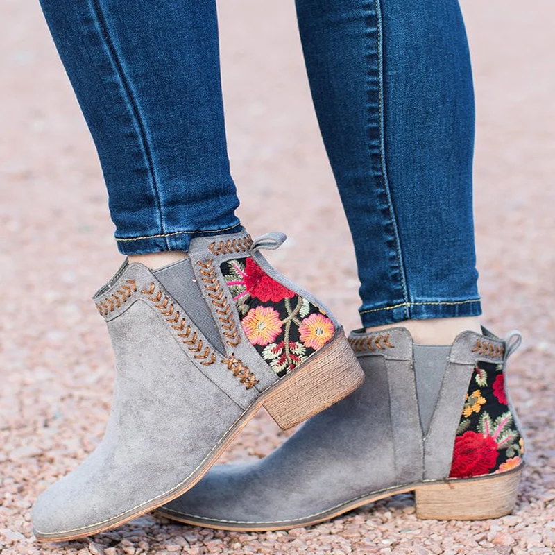 Зимние женские ботильоны в этническом стиле; женская обувь с цветочным принтом; замшевые кожаные ботинки; женская обувь на высоком каблуке; Туфли-лодочки; Botas Mujer