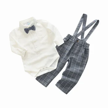 

denim rompers for baby girl Boy Clothing Fashion infant clothing Suit Kids Clothes Gentleman Bow Tie Rompers + Strap pants Set