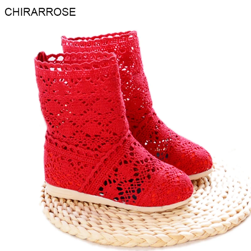 

Girl Plus Size Round Flat Tendon Hollow Boots Summer Knitting Short Boots Net Single Boots Knitted Shoes