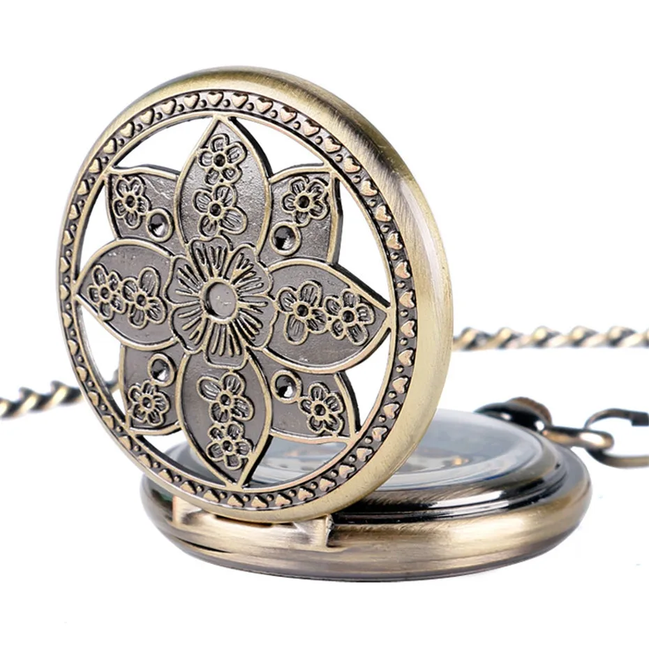  Vintage Lotus Flower Pocket Watch Women Bronze Mechanical Hand-winding Watch Roman Numeral Pendant Hollow Clock Men Gift (6)