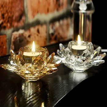 

Crystal Glass Lotus Flower Candle Tea Light Holder Buddhist Candlestick Wedding Bar Party Valentine's Day Decor