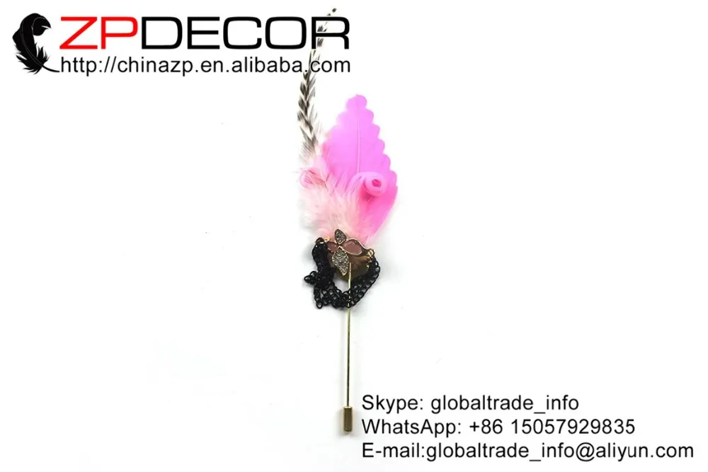 23_Pink black chain goose feather brooch (1)