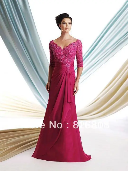 Free Shipping Custom Made High Quality A-line V-neck Beaded Lace With Sleeve Long Chiffon Evening Dresses Formal | Свадьбы и