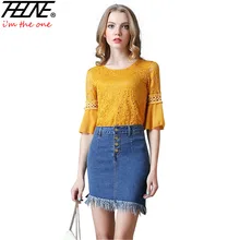 THHONE женские Джинсовые Юбки Высокой Талией Тонкий Стретч Эластичный Нерегулярные Дизайн Sexy Мини Кисточкой Рваные Джинсы Юбка Женщины Fldas