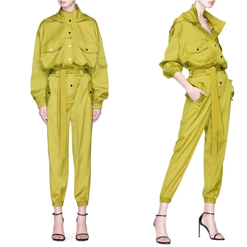 

New 2019 Runway Spring Yellow Pockets Hooded Jumpsuit Fashion Women High Waist Female Overalls Casual Loose Trousers Jumpsuit