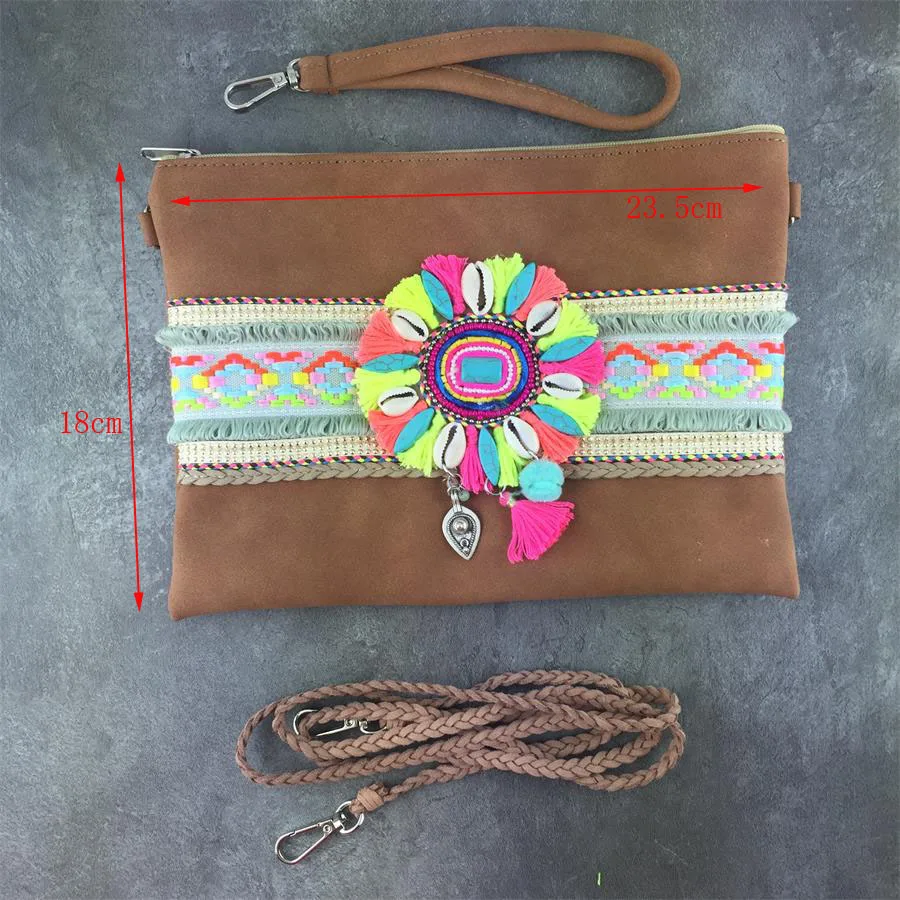 women hippie Bohemian handbag Lace tassel beading Embroidery bag shoulder bag handmade Cotton Bag national ethnic Shell bags