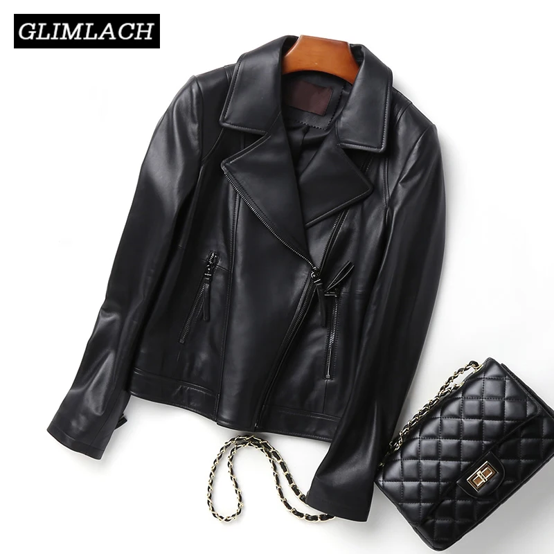 

Autumn Genuine Leather Motorcycle Biker Jacket Office Lady 100% Real Sheepskin Coat For Women Short Black Slim Jackets Clothes