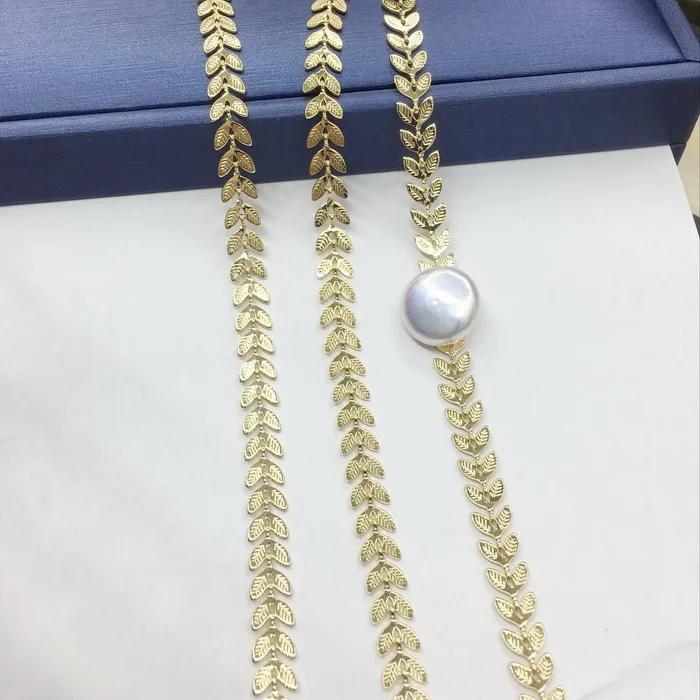 18 K позолоченный цвет лист дизайн цепи для женщин DIY жемчужные ювелирные изделия и компоненты медь с покрытием Настоящее золото цвет