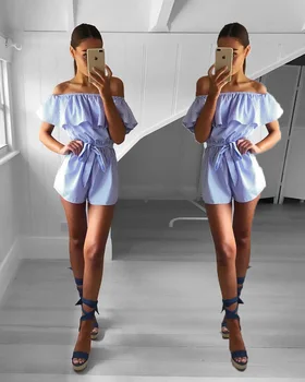 

Girls Sexy Casual Playsuit Overalls with Belts Femininos Summer Women Striped Jumpsuits Ruffles Slash Neck Beach Playsuits
