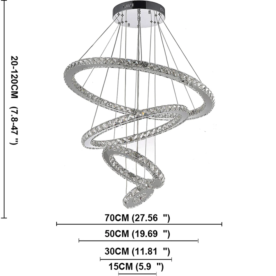 Зеркало из нержавеющей стали с кристаллами, Алмазное освещение, 4 кольца, светодиодные подвесные светильники, кристальная столовая декоративная Подвесная лампа с регулируемой яркостью