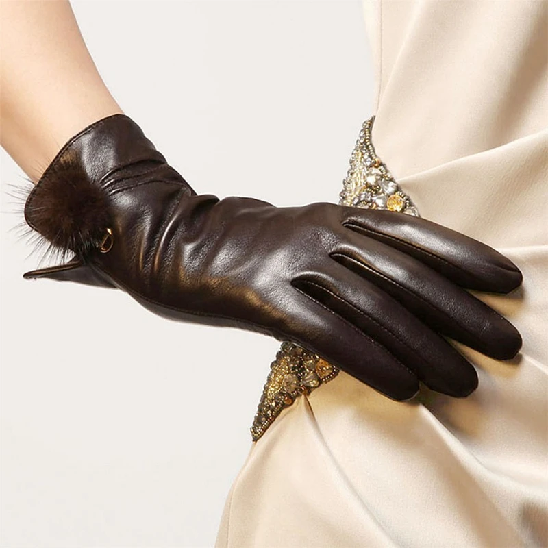 Brand Genuine Leather Gloves High Quality Women Sheepskin Fashion Trend Winter Warm Five Finger Driving Leather Gloves EL022NR