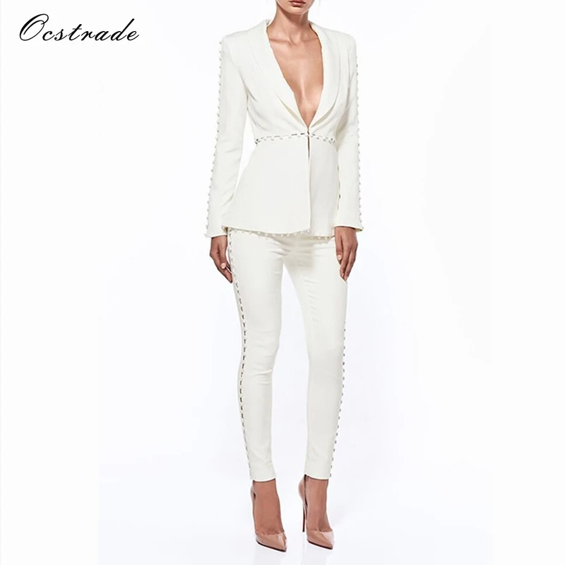 Ocstrade Sexy Pant Suits 2018 Elegant Formal White Sets Women's Suit Pants and Jacket Runway Fashion Ladies Pantsuit Costumes