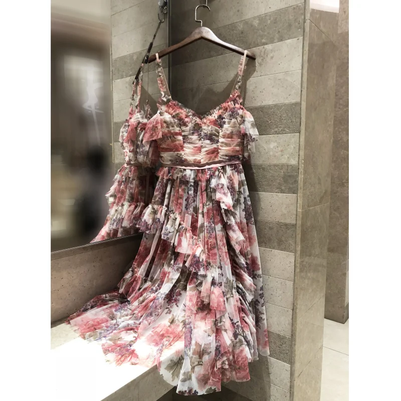 

2019 spring summer sling shoulder-shoulder rose light gauze printed ruffled dress Light mesh gauze dress