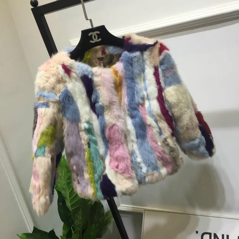

2018 Women Short Rabbit Fur Coat With Mix Color Female Three Quarter Sleeve Overcoat Thick Warm O-Neck Jackets Street Fashion