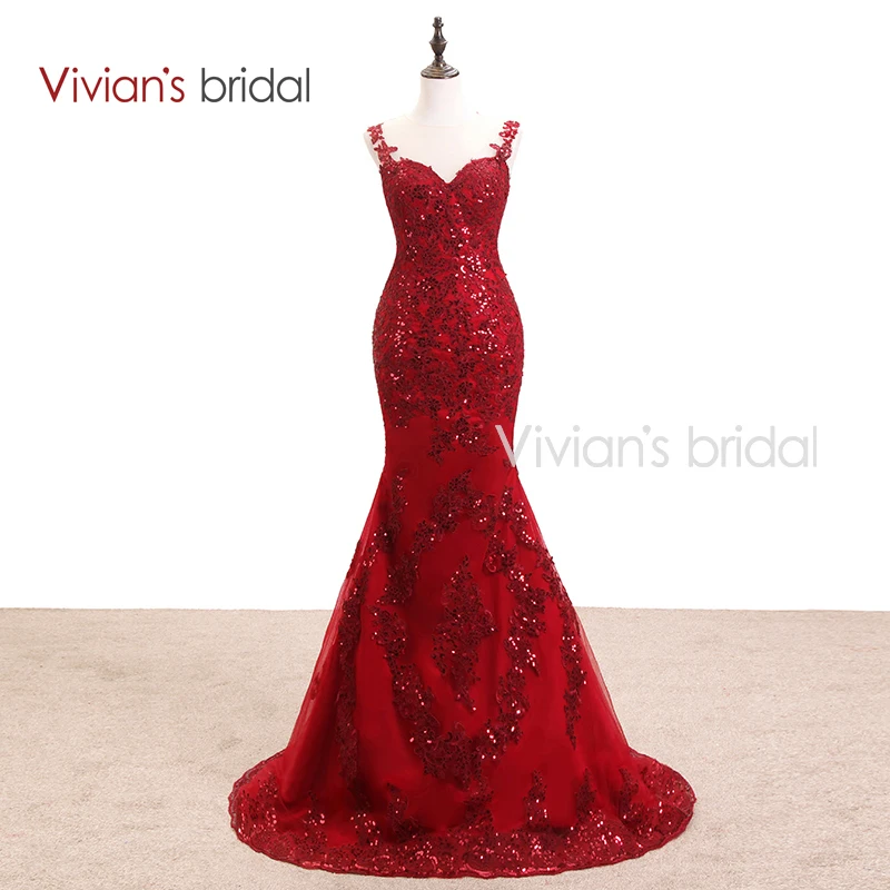 

Vivian's Bridal Burgundy Mermaid Evening Dress Long Lace Sequin Formal Evening Gowns Dresses See Through Back ED500-1