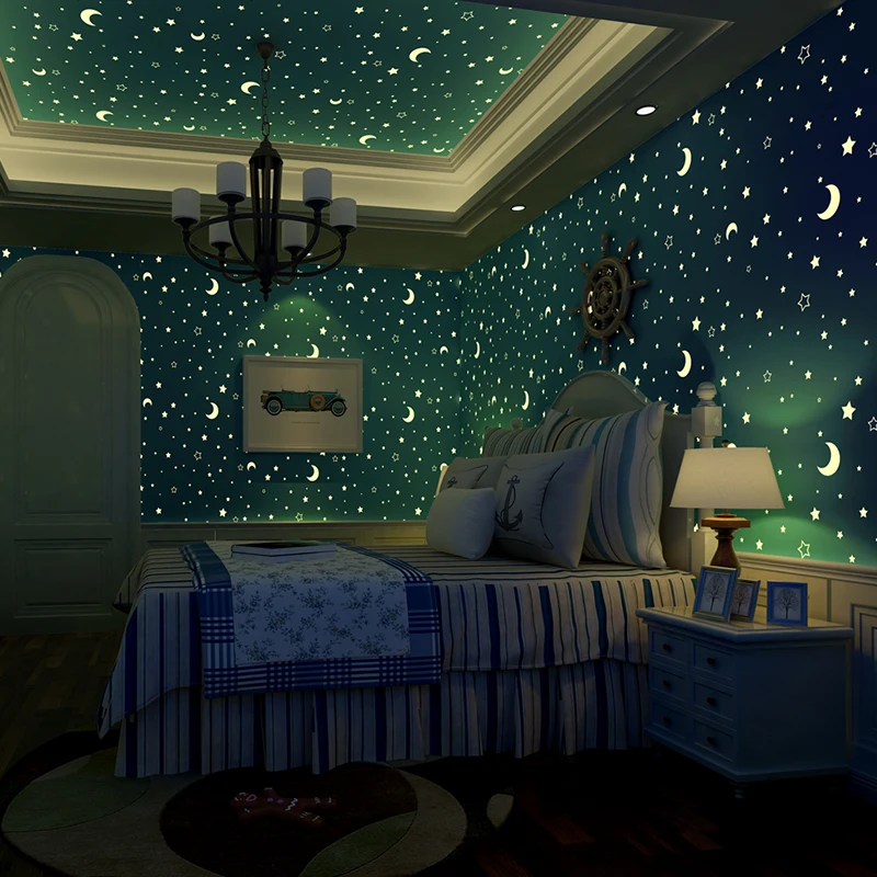 Non Woven Luminous Wallpaper Roll Stars And The Moon Boys S Non Woven Luminous Wallpaper Roll Stars And The Moon Boys S Children Room Bedroom Ceiling Fluorescent Home In Wallpapers From