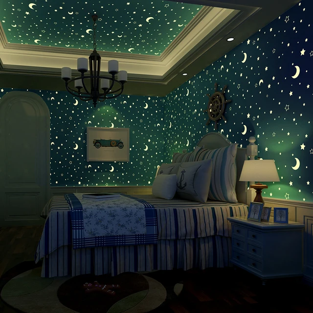Non Woven Luminous Wallpaper Roll Stars And The Moon Boys S Non Woven Luminous Wallpaper Roll Stars And The Moon Boys S Children Room Bedroom