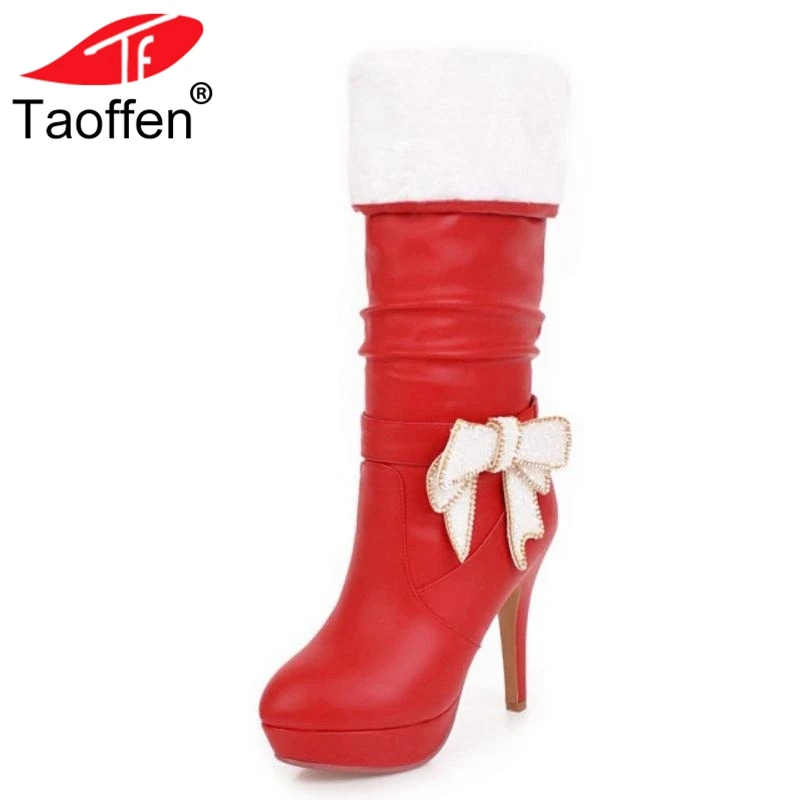 

Taoffen Sexy Office Lady High Heels Boots Bowknot Warm Fur Shoes Winter Knee High Boots Women Fashion Party Shoes Size 32-43