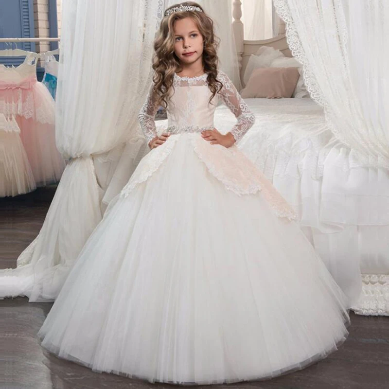 

Fashion Girls Princess Party Dresses With Lace Sleeve Patchwork A-Line Dresses For Girls Artist Program Costume Crianca Vestidos
