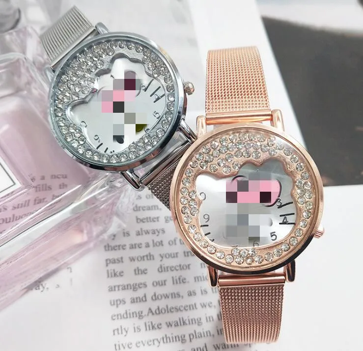 Часы с бриллиантами и корочкой; красивые женские часы с ремешком для девочек; kt cat; женские часы с героями мультфильмов