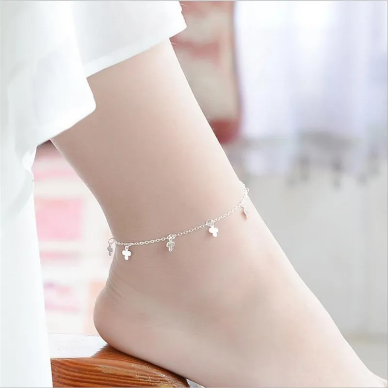 TJP Trendy 925 Silver Female Anklets Jewelry For Women Party Charm Girl Silver Clover Bracelets Accessories Lady Chirstmas Gift TJP Trendy 925 Silver Female Anklets Jewelry For Women Party Charm Girl Silver Clover Bracelets Accessories Lady Chirstmas Gift
