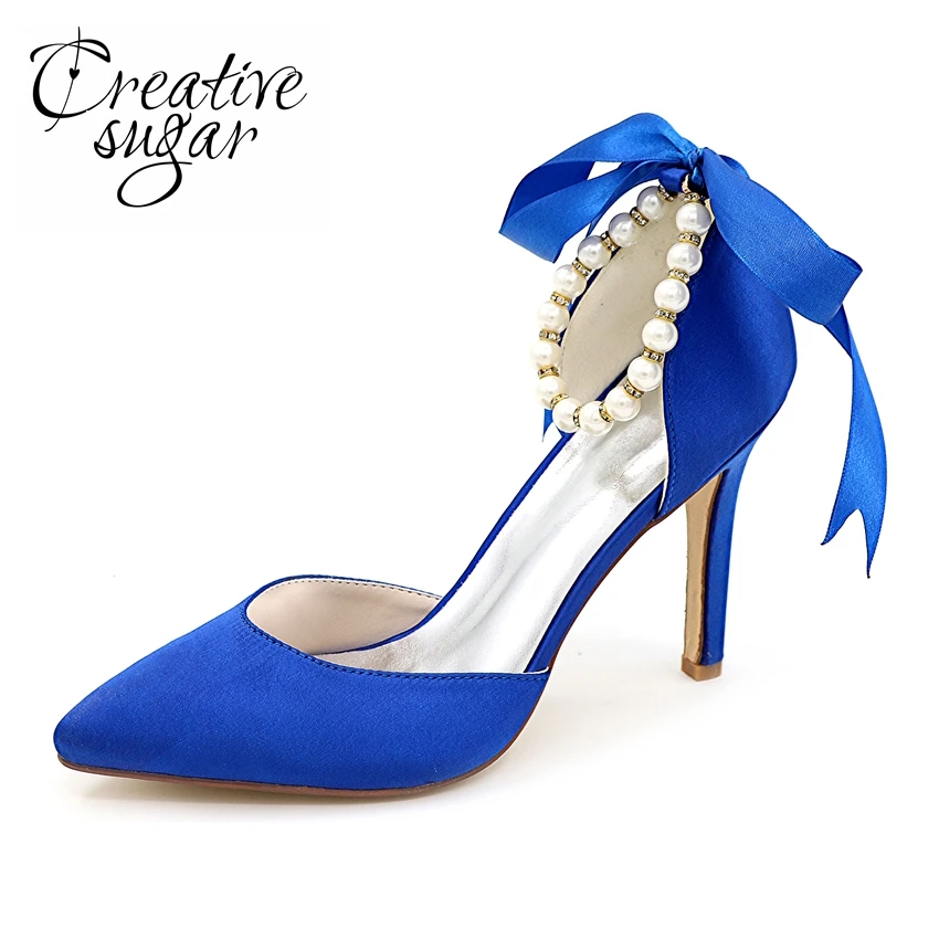 Creativesugar satin pointed toe D'orsay woman shoes with pearl ankle strap ribbon bridal wedding party prom pumps lady elegant creativesugar sparkle glitter lady party fashion show shoes closed toe slip on pumps bridal wedding party prom gold silver blue