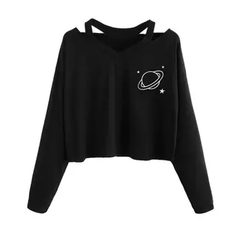 

Autumn Short Sweatshirt Women Casual Broadcloth HOT Sell Planet Printed Sexy V-Neck Shirt Long Sleeve Blouse Crop Tops Wholesale