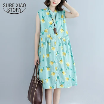 

New 2018 Summer Fashion Women Dress Floral Printing Sleeveless Dresses Green Sweet Sundress O Neck Buttons Ladies Dress 0402 40
