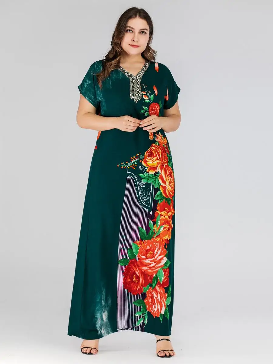 Женское платье с коротким рукавом Boho длинное большого размера цветочным принтом