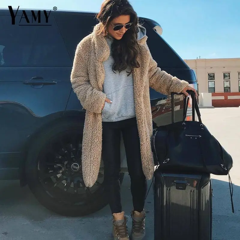 Goedkoop Plus size Fashion Faux Bontjas Vrouwen winter lange jas 2019 Herfst Warme Zachte Rits teddy jas Vrouwelijke Overjas Bovenkleding warm