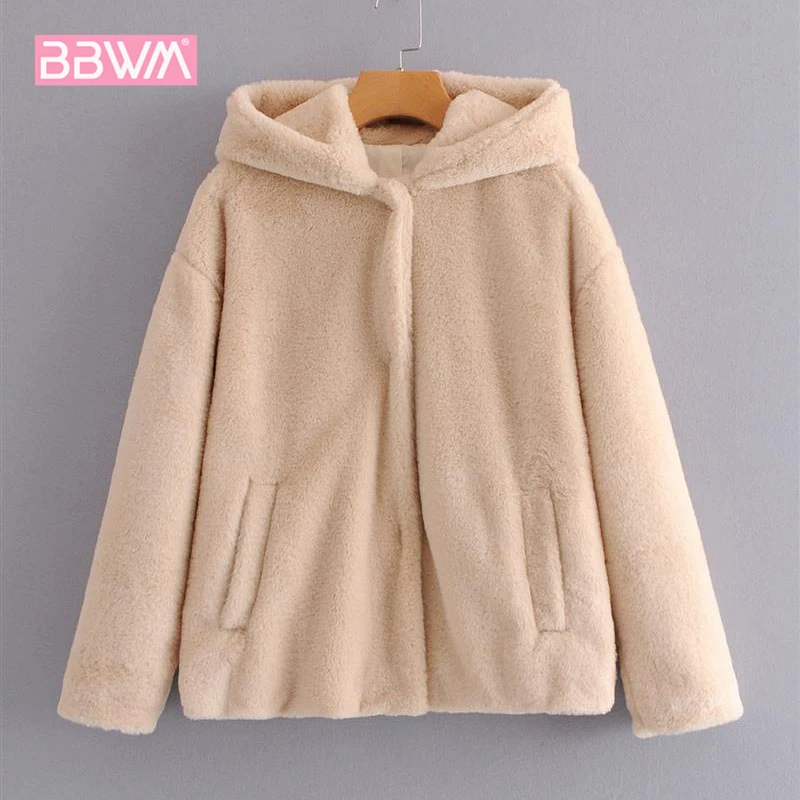 Шикарная теплая куртка с длинными рукавами осень Новая женская дикая тонкая женская куртка с капюшоном из искусственного меха пальто