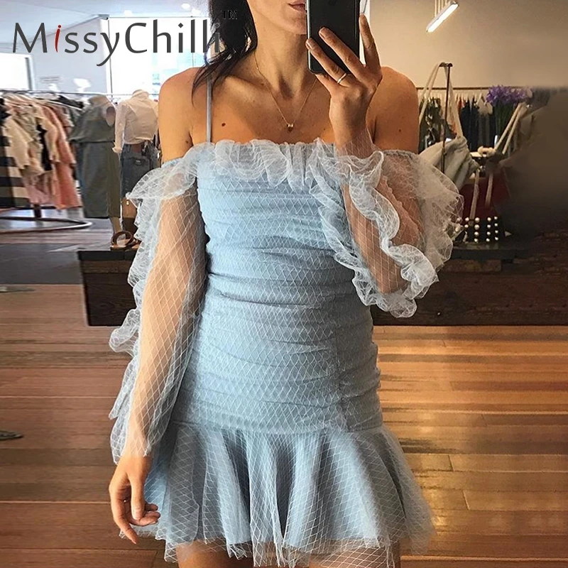 

MissyChilli Ruffles elegant mesh blue dress Women transparent off shoulder summer sundress Female sexy club short dress Vestido