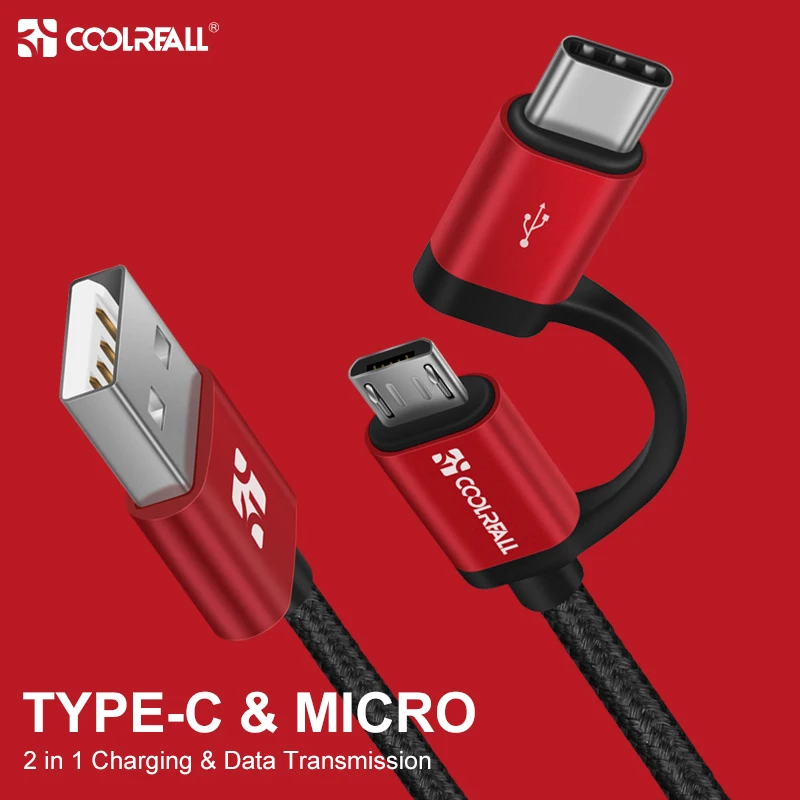 Coolreall 2.4A Micro USB Cable 2 in 1 USB Type C Fast Charging Data USB C Charger Cable for Samsung Xiaomi Oneplus Huawei P9