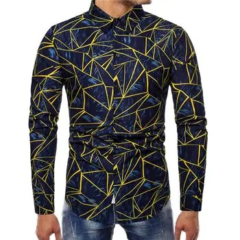 

Long sleeve Hawaiian Shirt Mens Dress Shirts Geometric print Blouse Men Casual Red Blue
