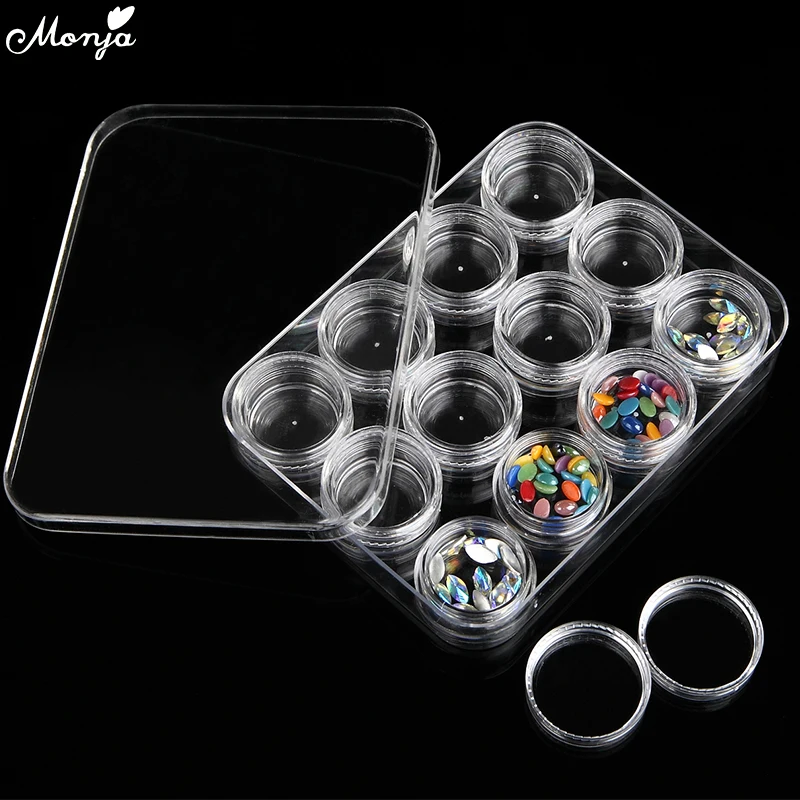 12 Pots Separate Nail Art Clear Storage Round Box Set Portable Powder Rhinestone Sequins Jewelry Beads 1
