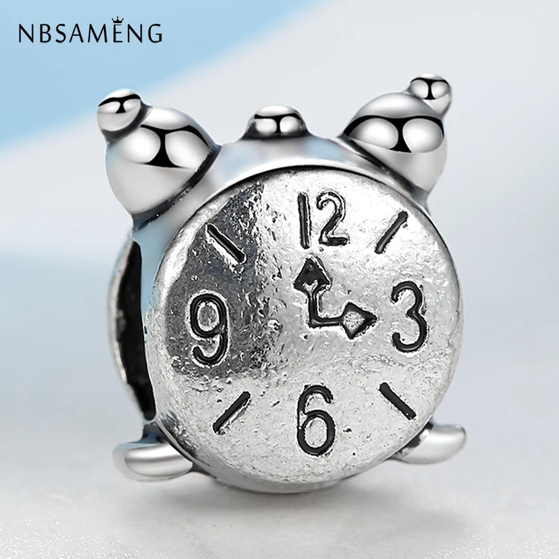 New Silver Plated Charm Bead Clock Retro Alarm Clock Charms Fit Pandora