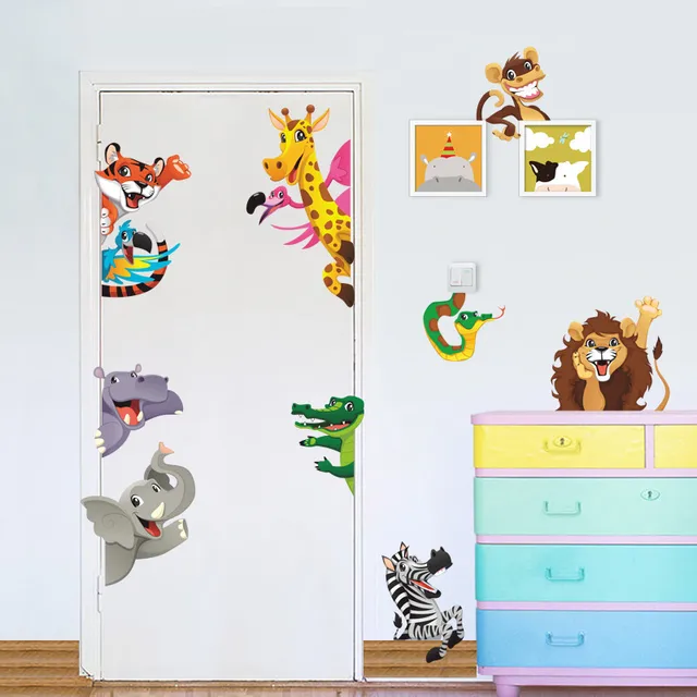 Jungle Animals Giraffe Lion Tiger Elephant Rhinoceros Pvc Wall Stickers For Kids Rooms Baby Home Decor Cartoon Animals Decals