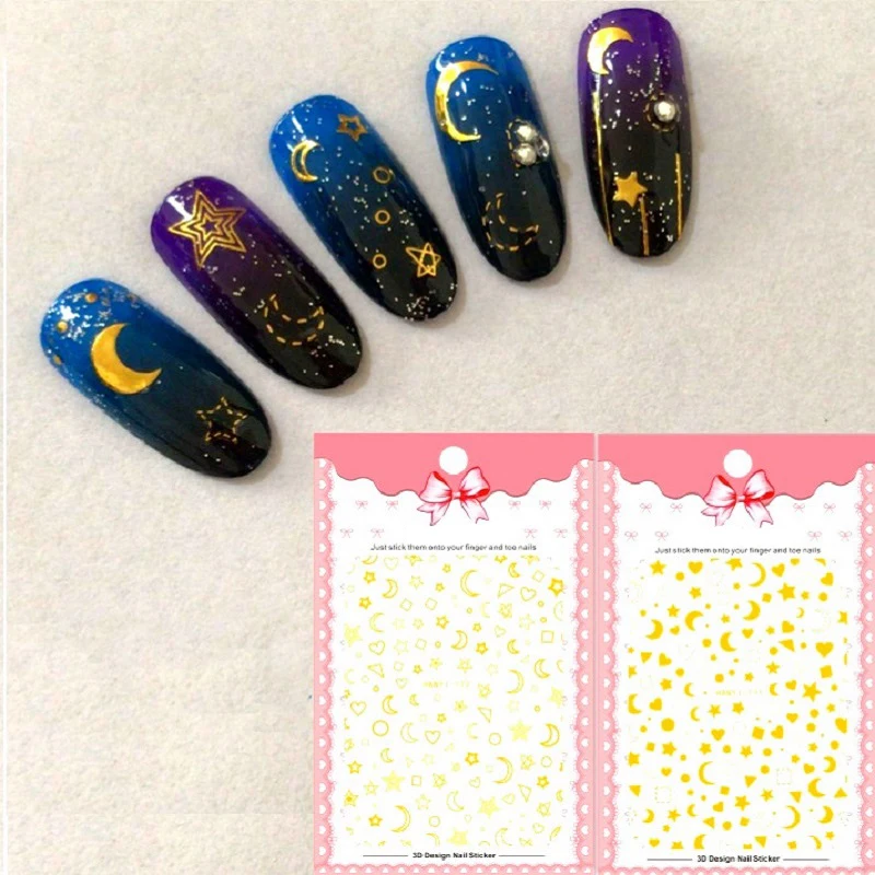 

1 Sheet Ultrathin Gold Color Hollow Moon/Star Pattern 3D Nail Sticker Transfer Decal 10.5*8.3cm Adhesive Nail Art Decorations