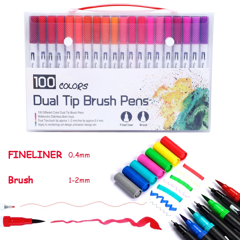 

100 PCS Colors Dual Tip Brush Pen FineLiner and Brush Drawing Painting Watercolor Art Marker Pens for Coloring Manga Calligraphy