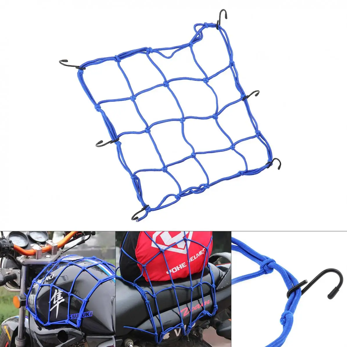 

30 x30CM Universal Adjustable Motorcycle Luggage Net Fuel Tank Net Helmet Decoration Net Tail Frame Mesh with 6 Hooks Pocket