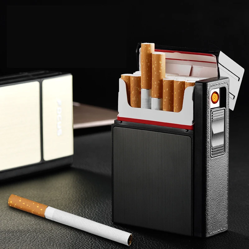 

Cigarette Case Box with Windproof Electronic Rechargeable USB Cigarette Lighter Hold 20 Pieces Cigarettes Electric Lighters