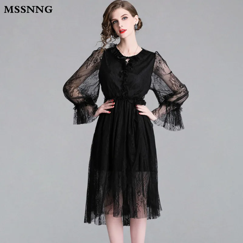 

MSSNNG 2019 Spring Dresses Hollow Out Women Elastic Waist Floral Crochet Casual black Lace Dress Femininas Vestidos
