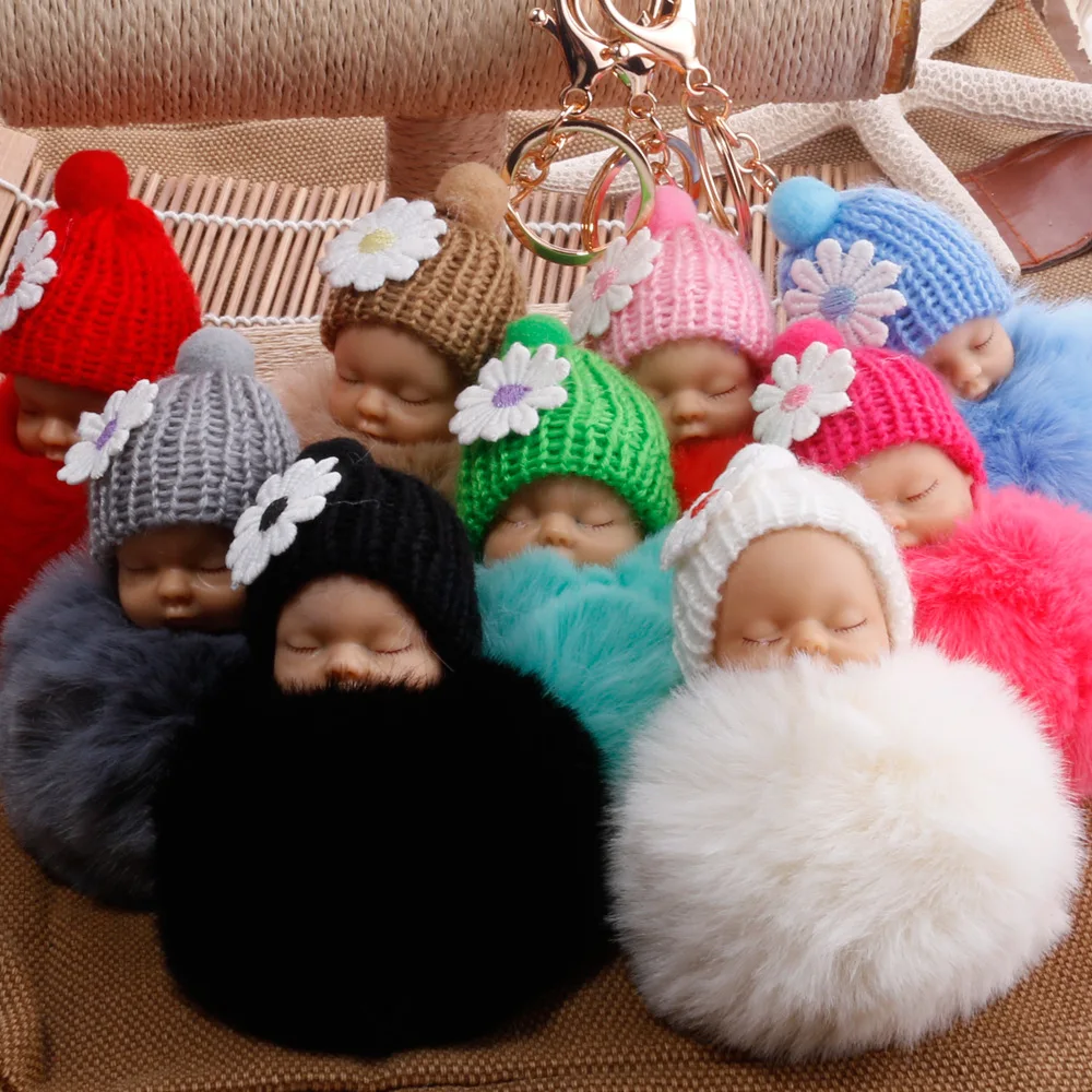 New sleeping baby keychain fake Fur Pom Pom Key Chain Women Trinket Car